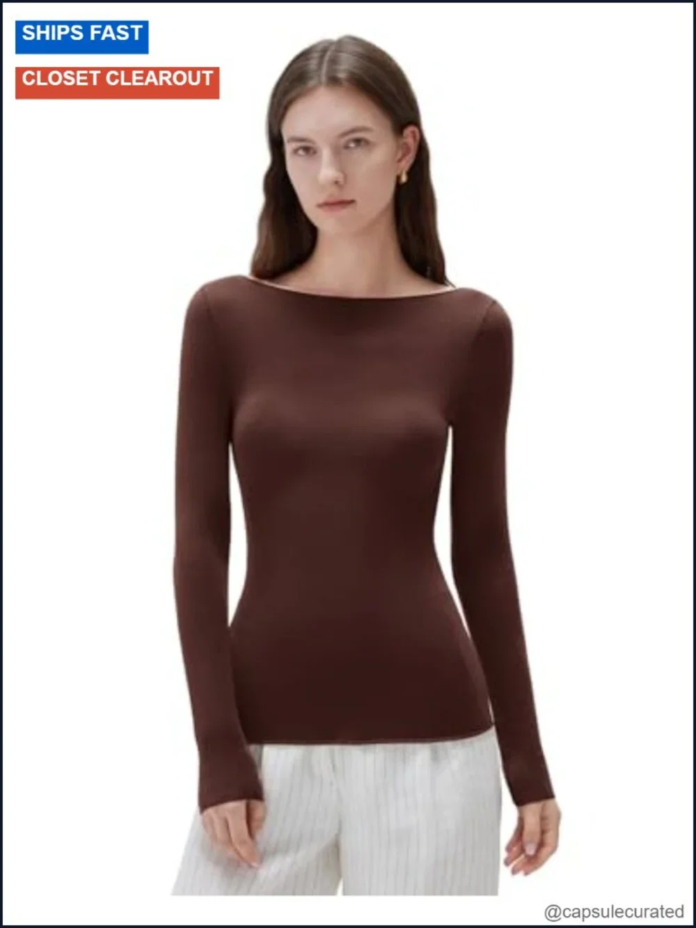 Cloud Cashmere Boat Neck Long Sleeve Fitted Knit T-Shirt